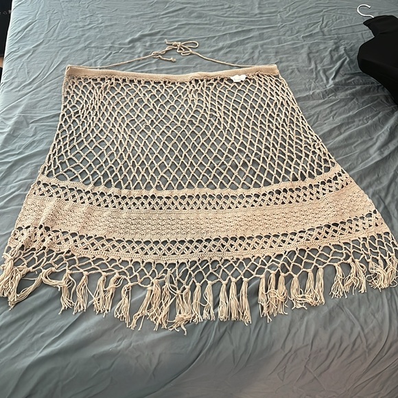 Anthropologie Crochet Beach Wrap Maxi Skirt One Size Fringe Tan Adjustable - Picture 5 of 7